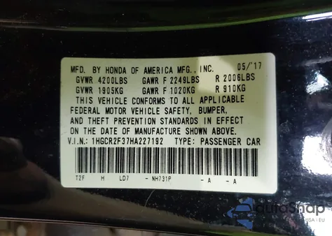 2017 Honda Accord Lx from USA, damaged, VIN 1HGCR2F37HA227192